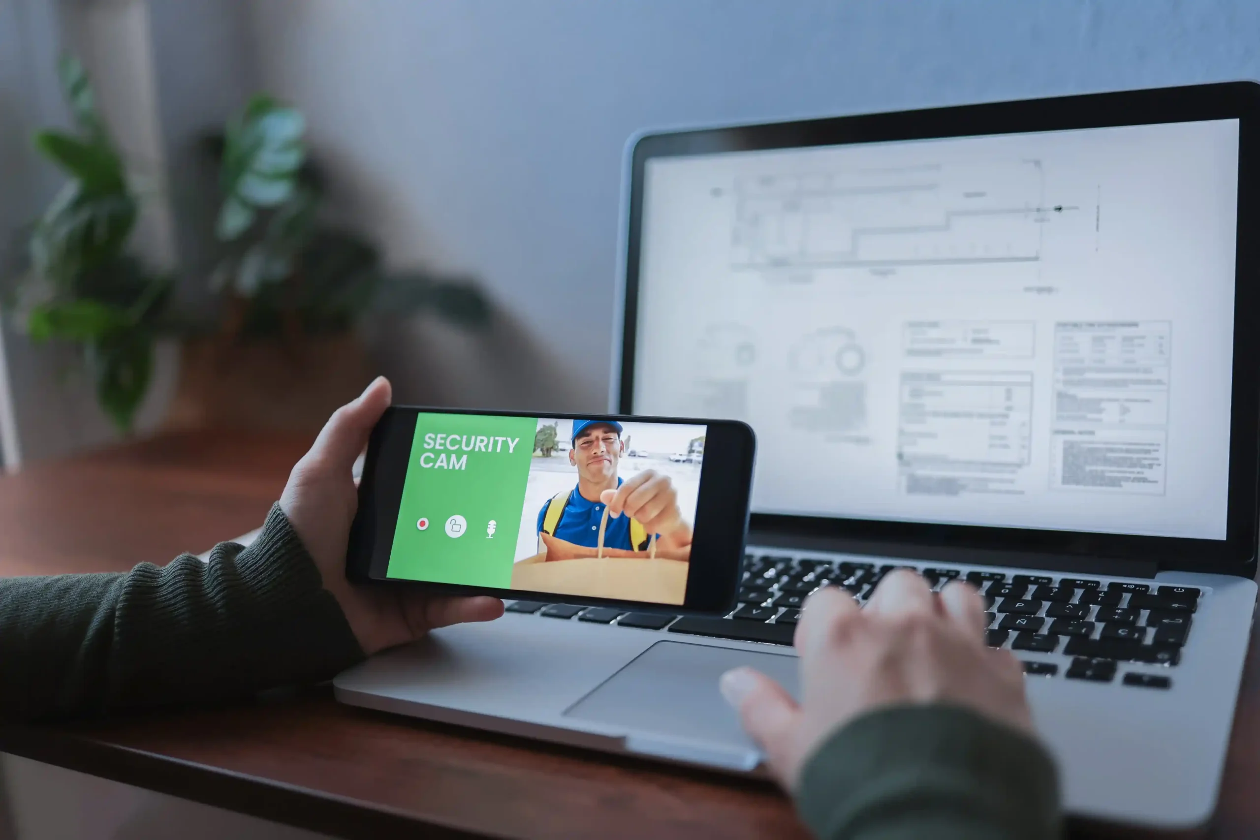 Person using security camera app on smartphone.