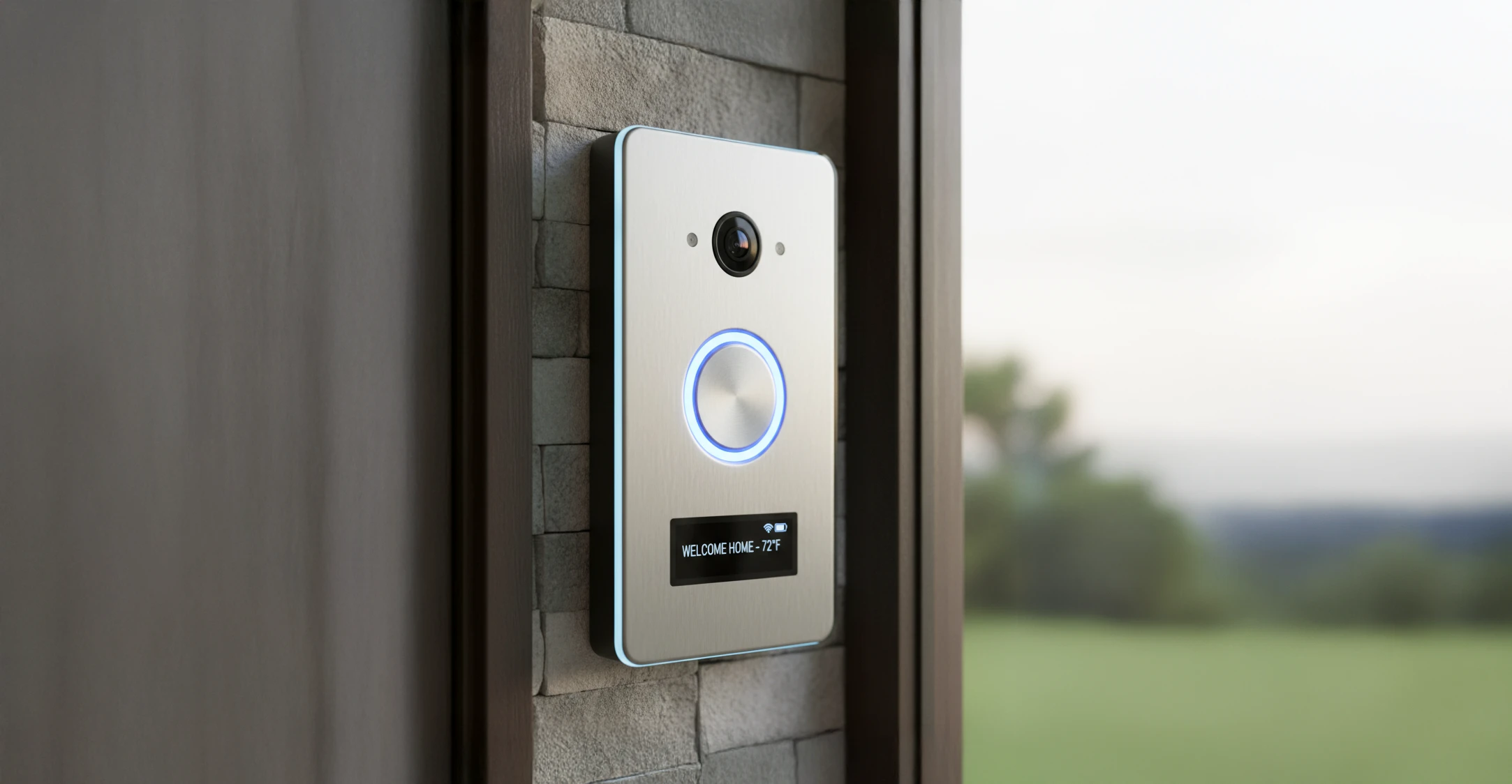 Modern smart doorbell with camera and display.
