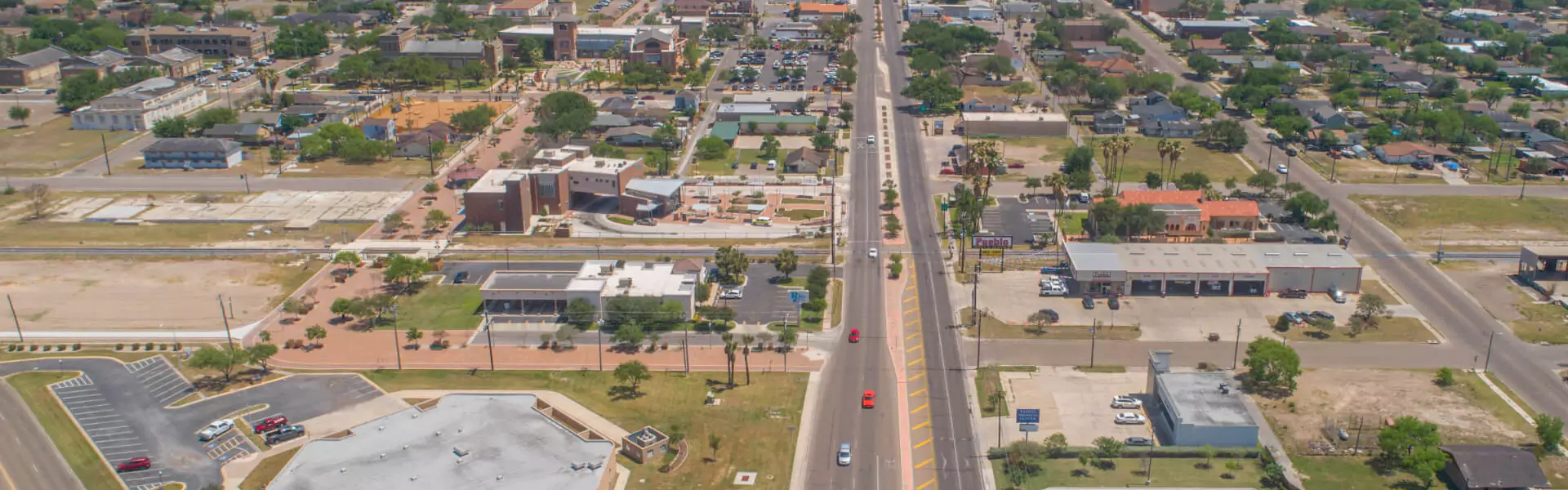 Aerial view of a suburban area with buildings.