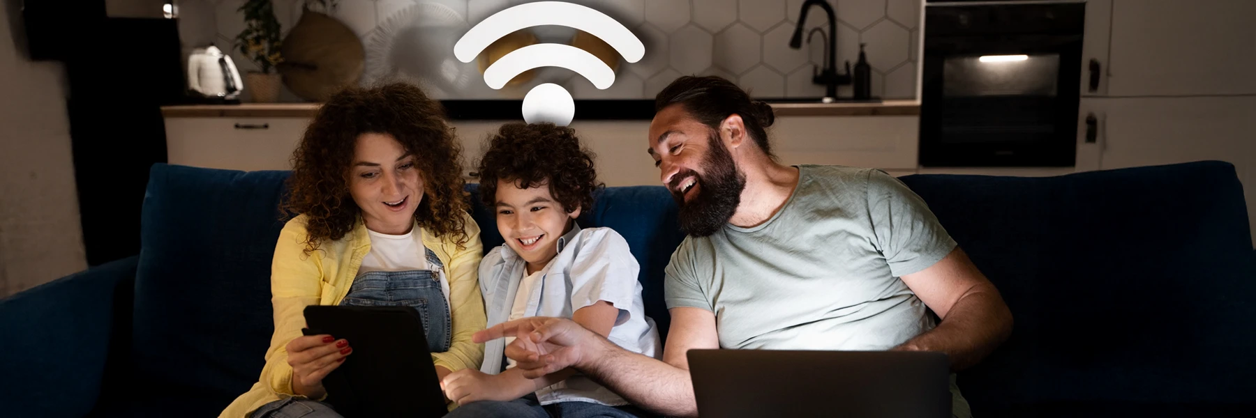 Family enjoying fast home WiFi connection together