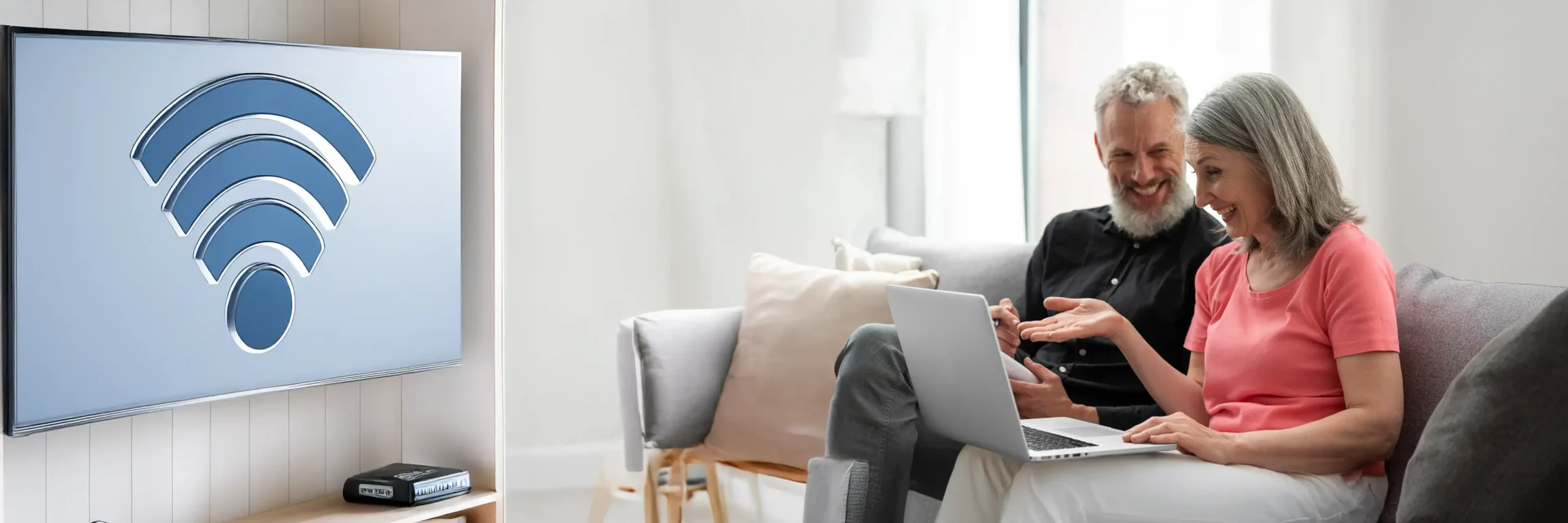 Couple using laptop with WiFi connection at home