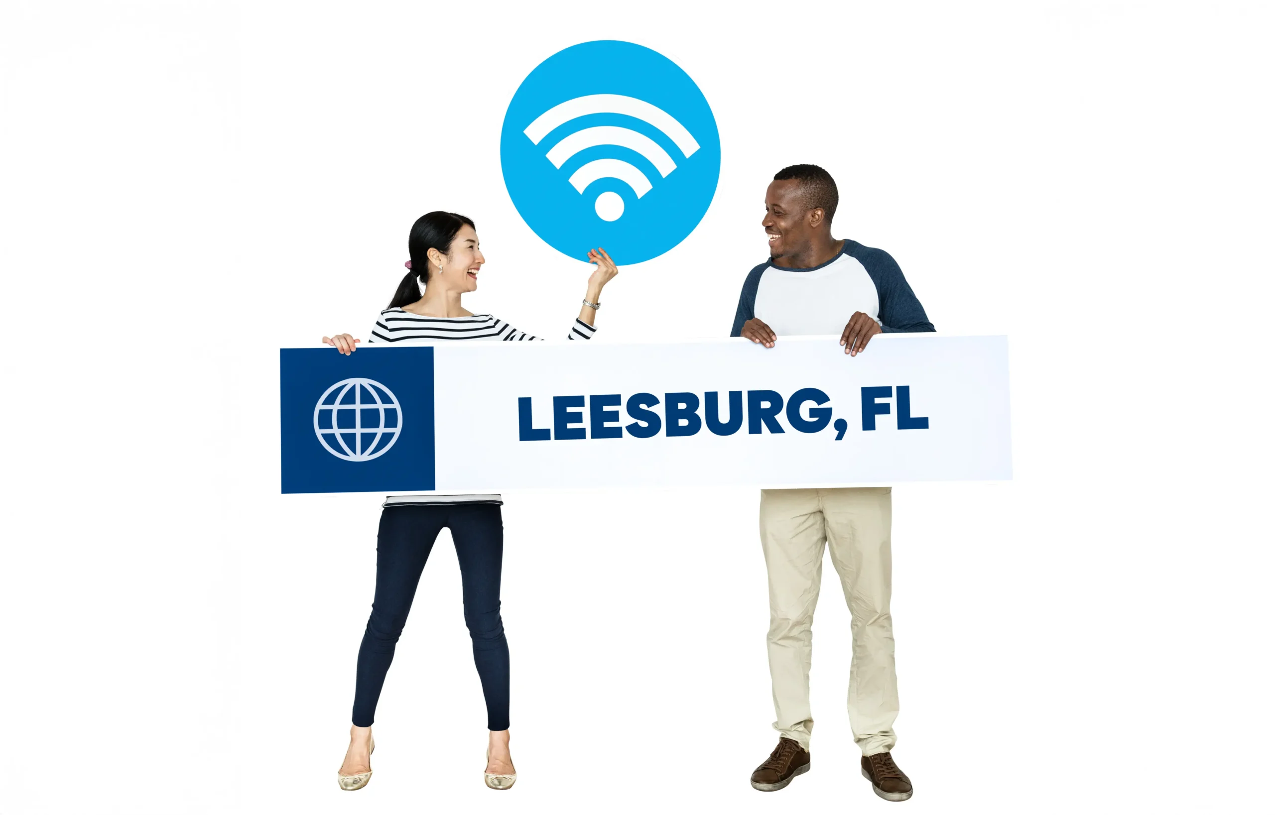 Two people promoting Leesburg, FL with signage.