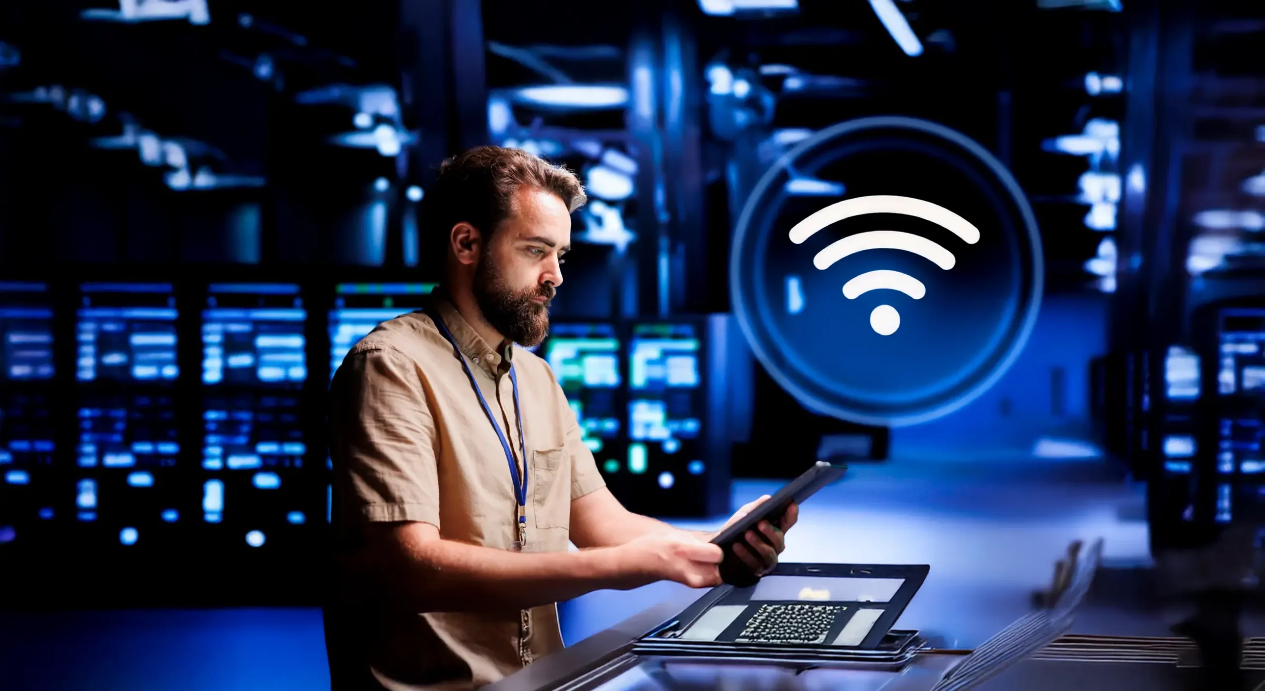 Man using tablet in a technology environment.