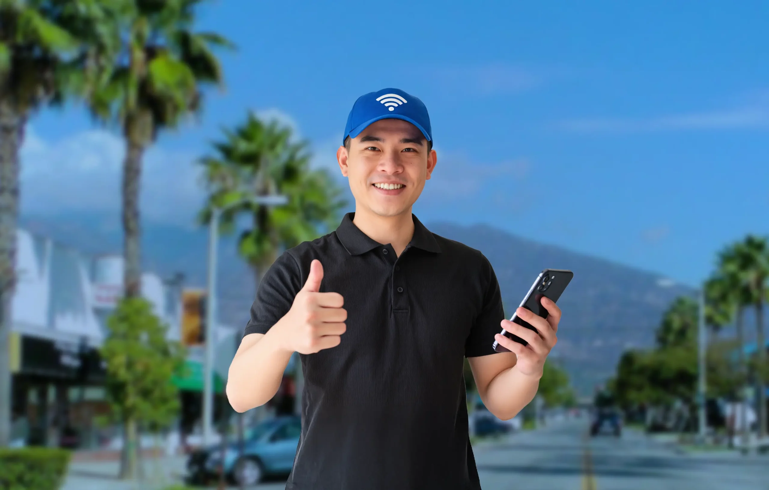 Smiling man in black shirt giving thumbs up outdoor