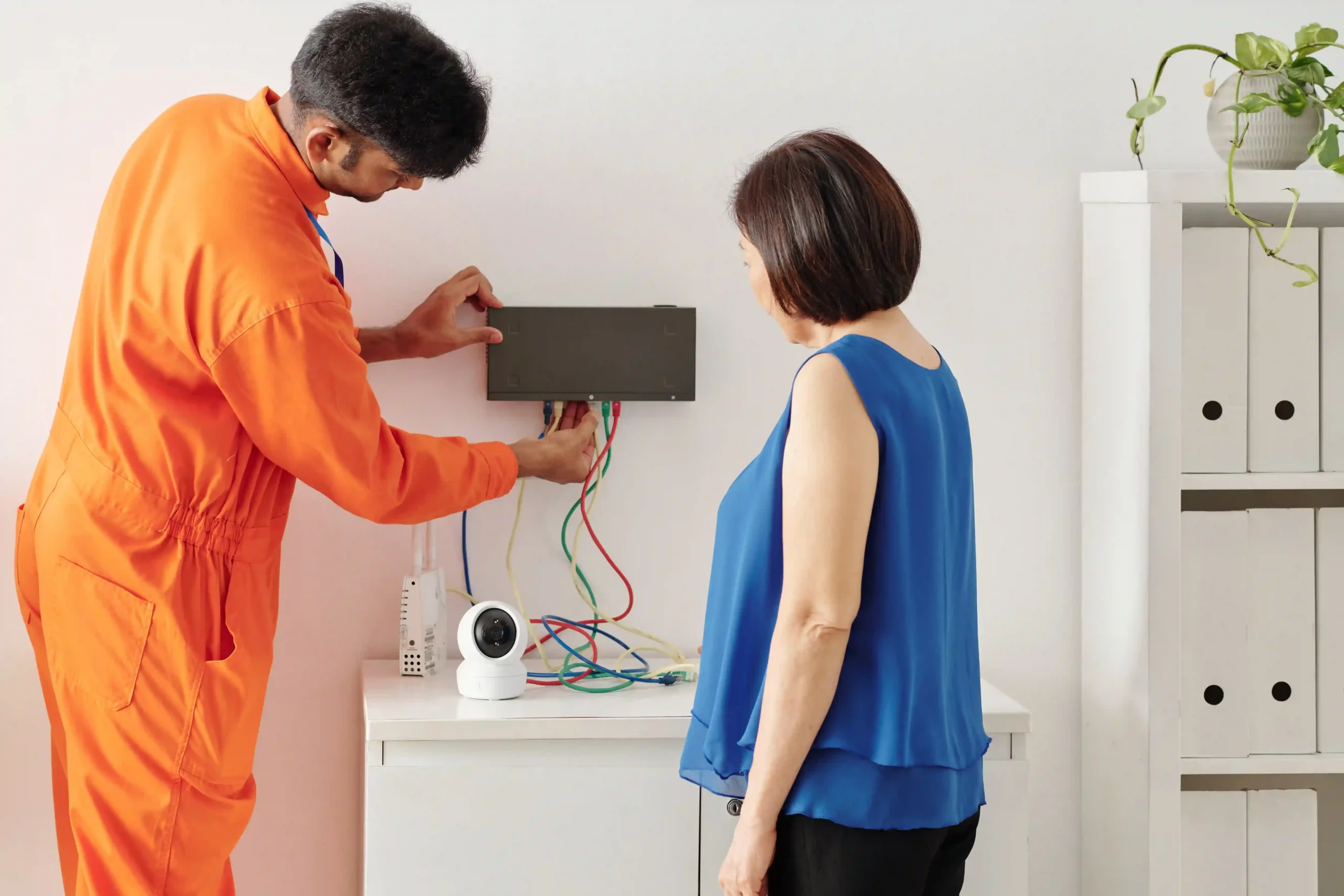 Technician installing wires with a client observing.