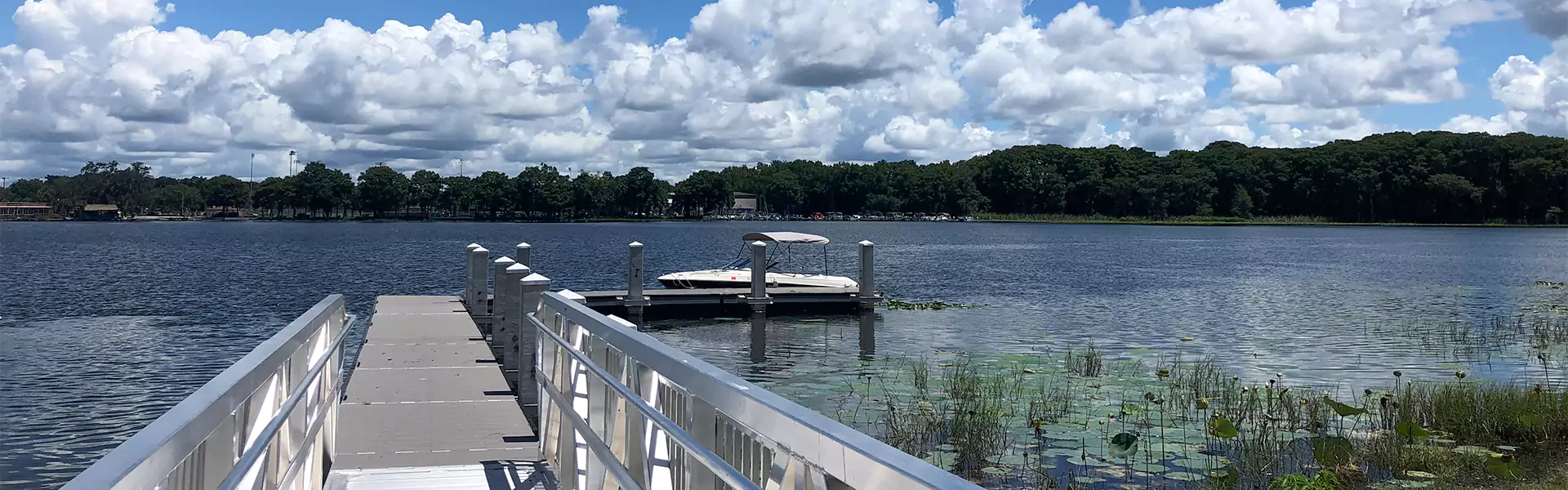 Scenic view of a lake with a dock.
