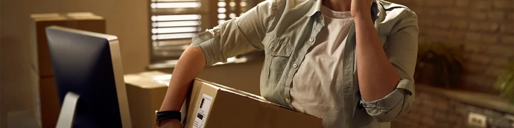 Person handling a box in a home office.