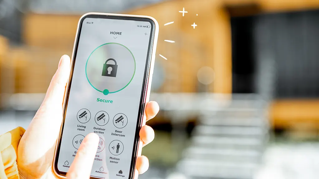 Person using smartphone for home security controls.