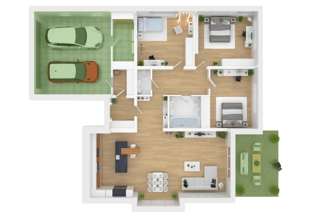 Modern apartment floor plan with garage and garden