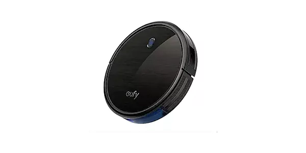 Black Eufy robotic vacuum cleaner on white background
