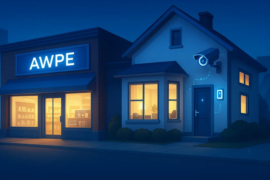 Nighttime view of a house and store entrance.