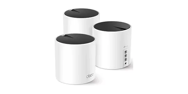 Three white mesh WiFi router units with ports