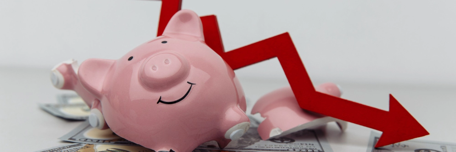 Broken piggy bank with falling financial graph.