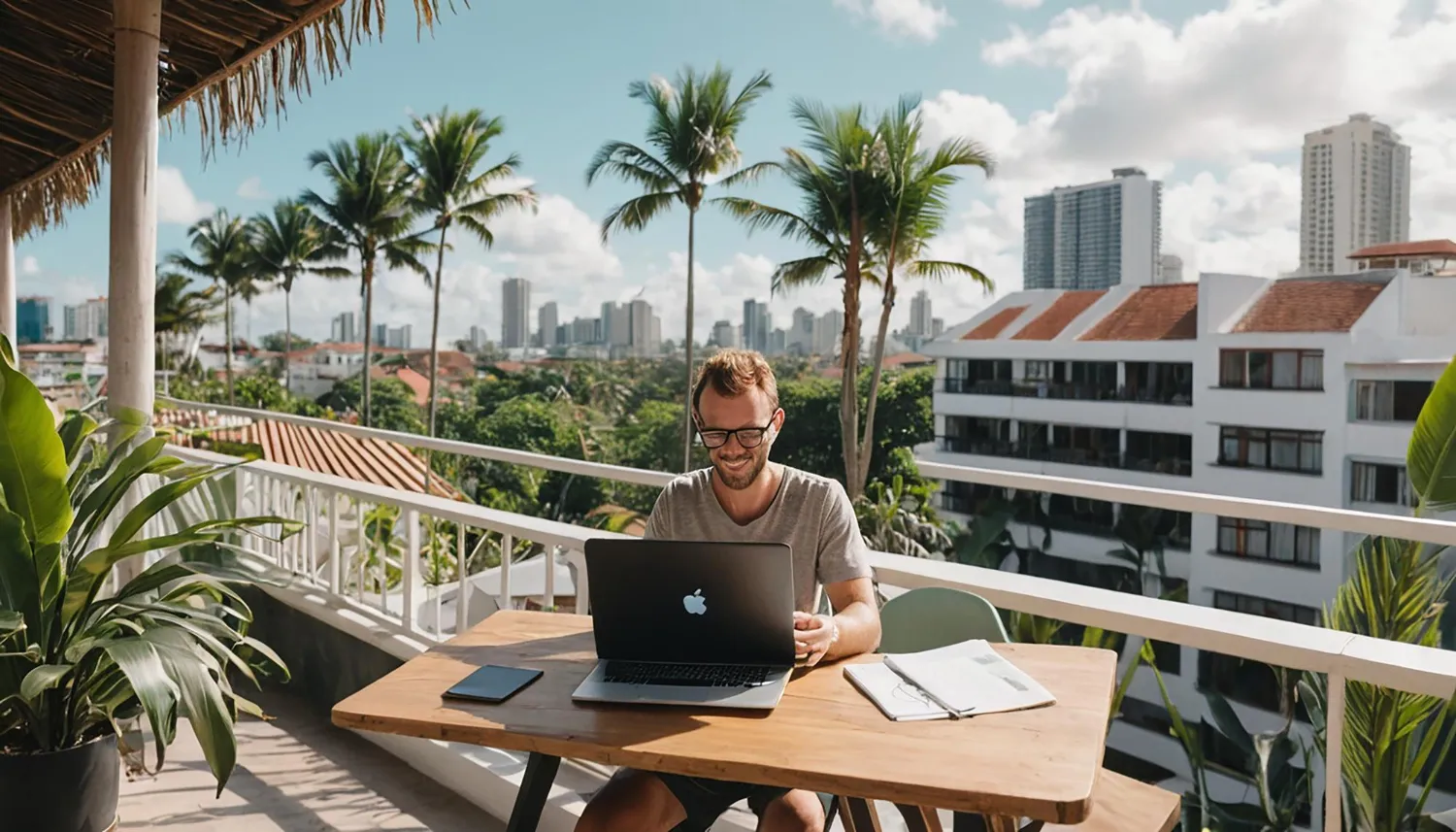 Person working on a laptop outdoors with palms.