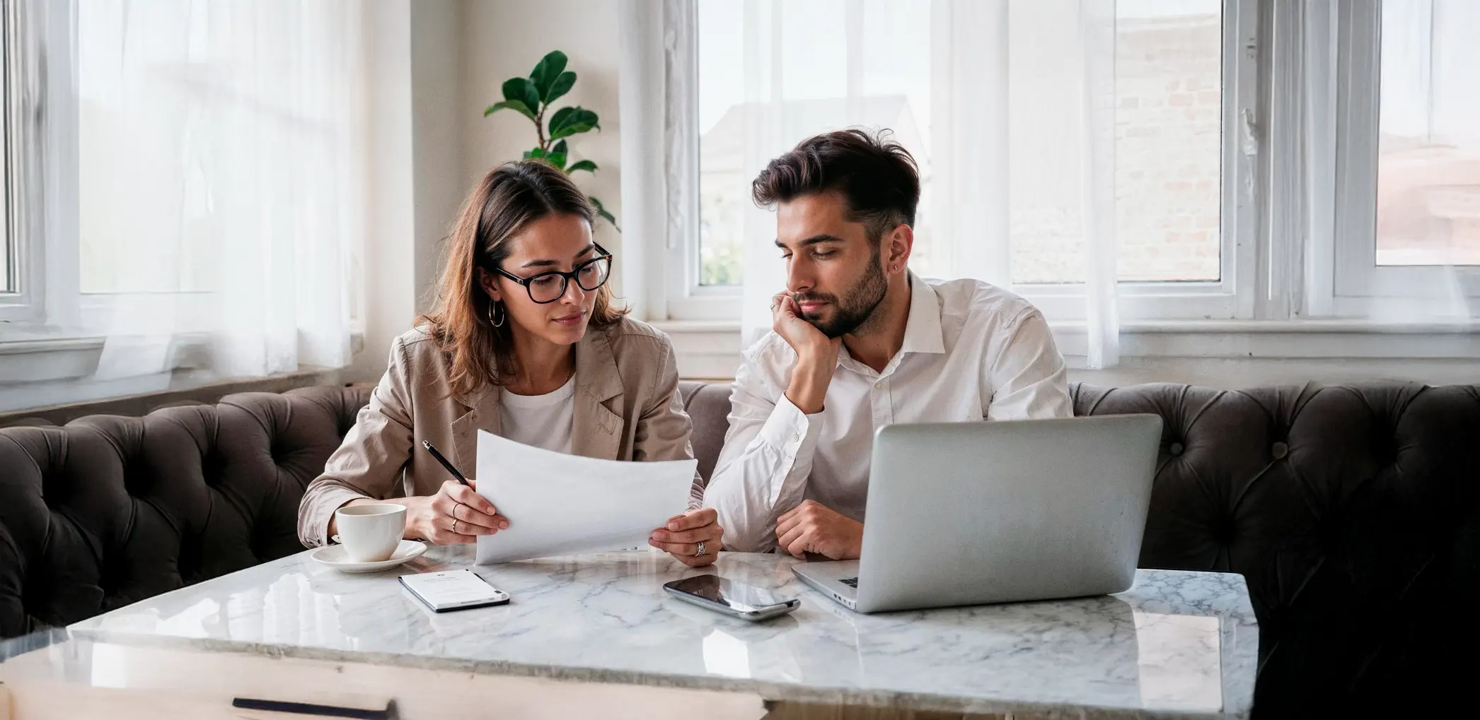 Two people discussing documents at a table.